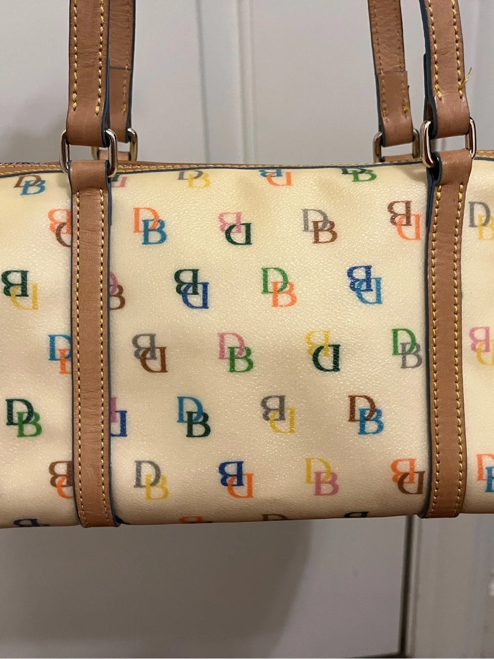 Dooney & Bourke Vintage Y2K Barrel Bag in Coated Canvas Rainbow Monogram